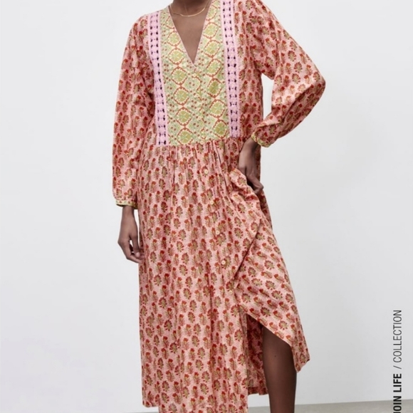 Brand New Zara Crochet Trim Printed Midi dress - Picture 4 of 13